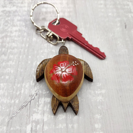 Red Hibiscus Painted Wooden Sea Turtle Keychain (1 keychain approx. 4.25+ inches) Wooden Sea Turtle Key Fob for gifting or party favors!