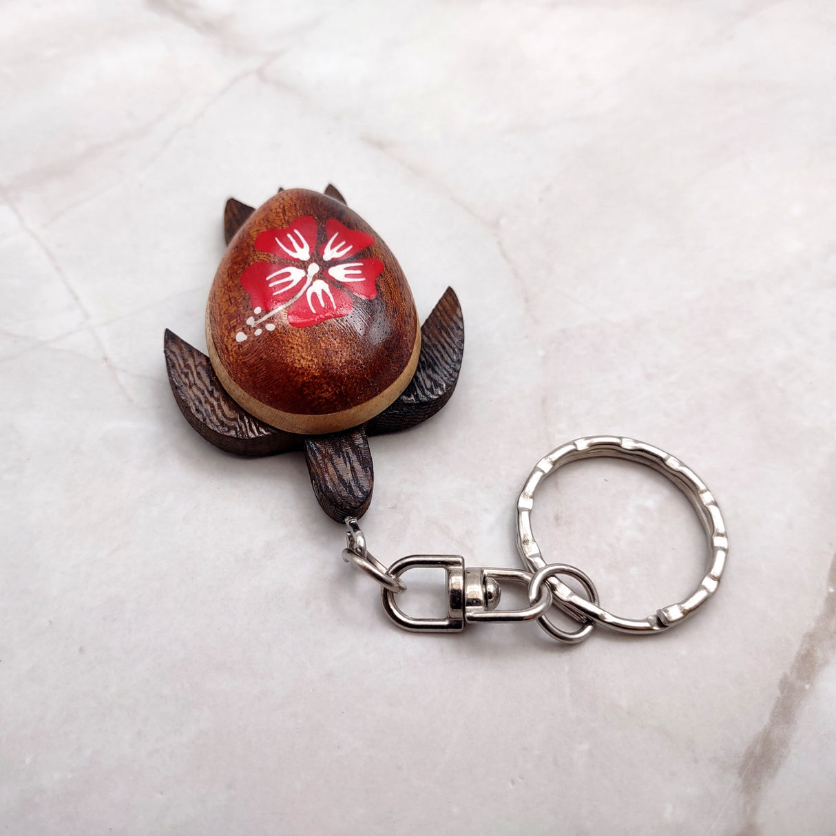Red Hibiscus Painted Wooden Sea Turtle Keychain (1 keychain approx. 4.25+ inches) Wooden Sea Turtle Key Fob for gifting or party favors!