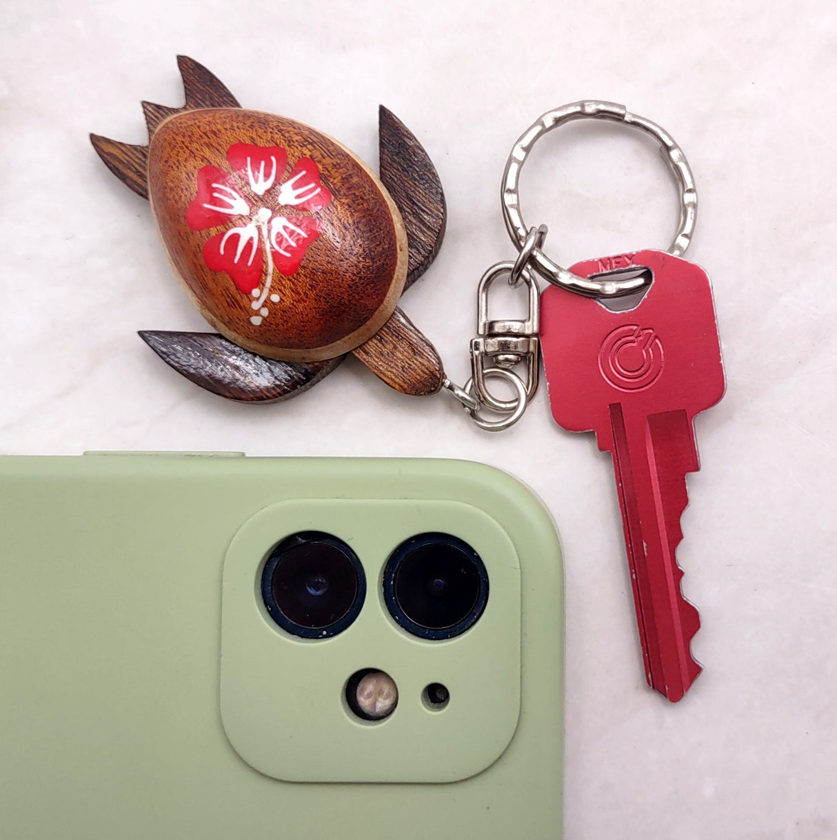 Red Hibiscus Painted Wooden Sea Turtle Keychain (1 keychain approx. 4.25+ inches) Wooden Sea Turtle Key Fob for gifting or party favors!