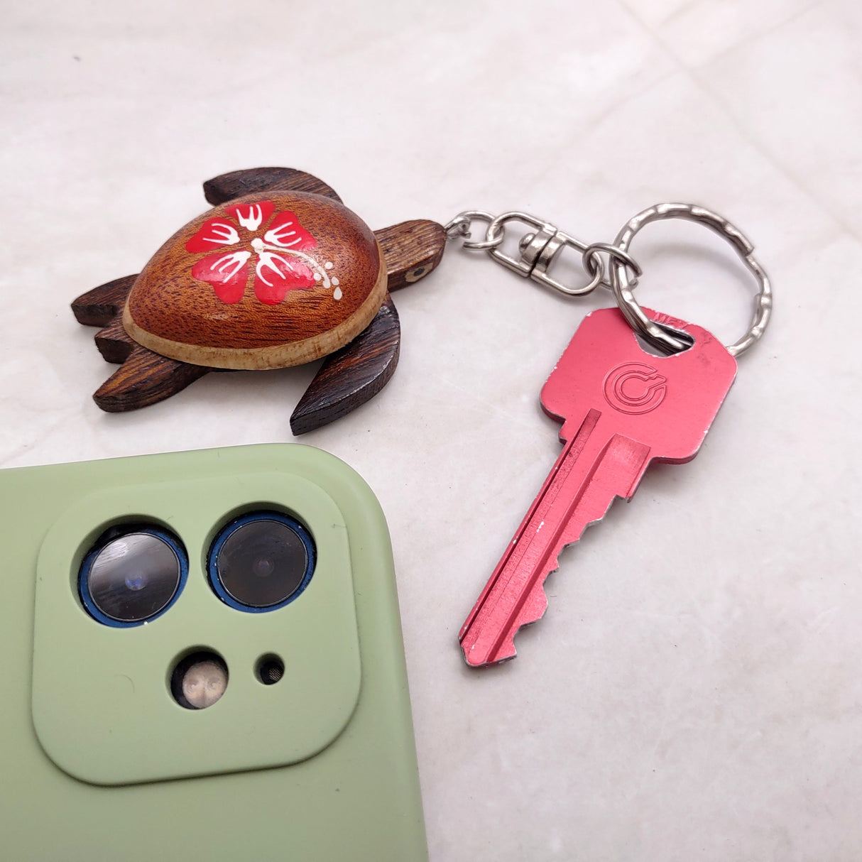 Red Hibiscus Painted Wooden Sea Turtle Keychain (1 keychain approx. 4.25+ inches) Wooden Sea Turtle Key Fob for gifting or party favors!