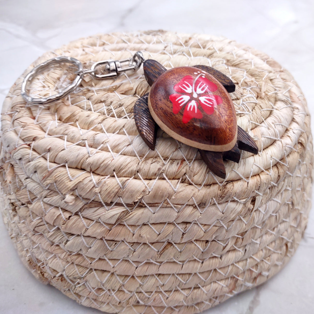 Red Hibiscus Painted Wooden Sea Turtle Keychain (1 keychain approx. 4.25+ inches) Wooden Sea Turtle Key Fob for gifting or party favors!