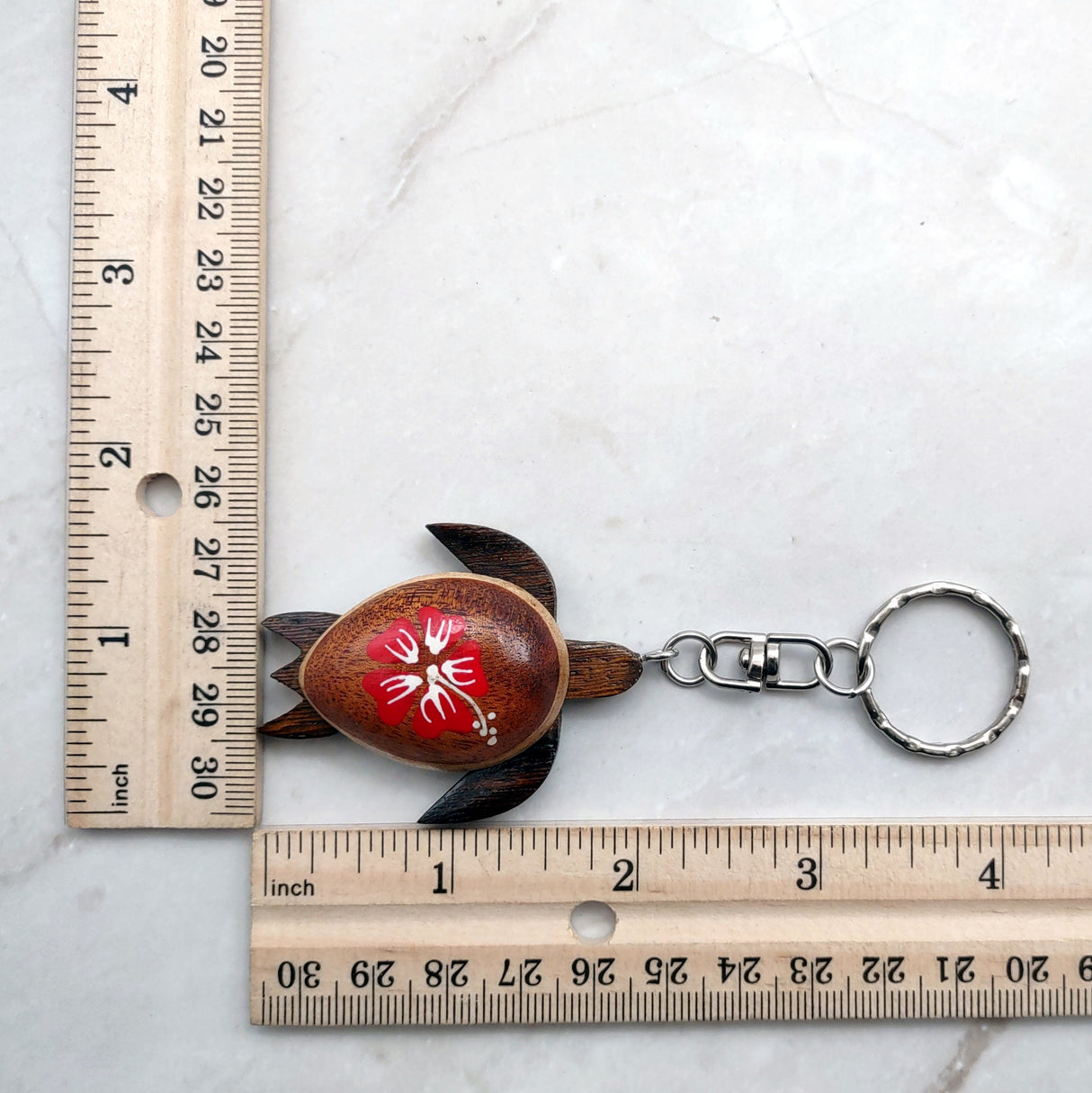 Red Hibiscus Painted Wooden Sea Turtle Keychain (1 keychain approx. 4.25+ inches) Wooden Sea Turtle Key Fob for gifting or party favors!