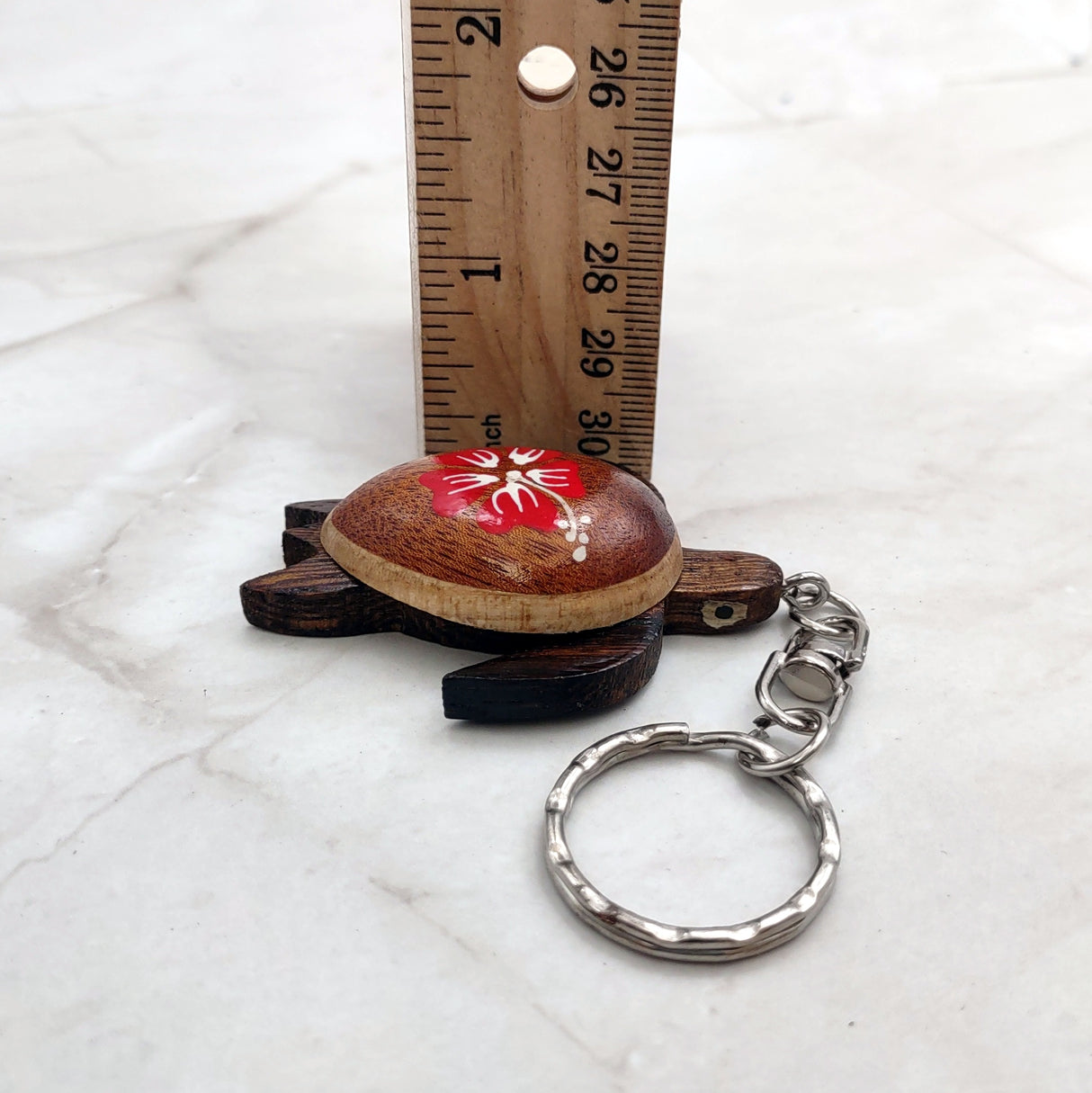 Red Hibiscus Painted Wooden Sea Turtle Keychain (1 keychain approx. 4.25+ inches) Wooden Sea Turtle Key Fob for gifting or party favors!