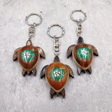 Green Hibiscus Painted Wooden Sea Turtle Keychain (1 keychain approx. 4.25+ inches) Wooden Sea Turtle Key Fob for gifting or party favors!