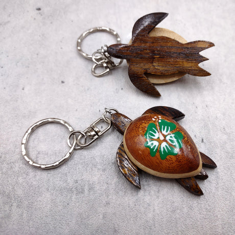 Green Hibiscus Painted Wooden Sea Turtle Keychain (1 keychain approx. 4.25+ inches) Wooden Sea Turtle Key Fob for gifting or party favors!