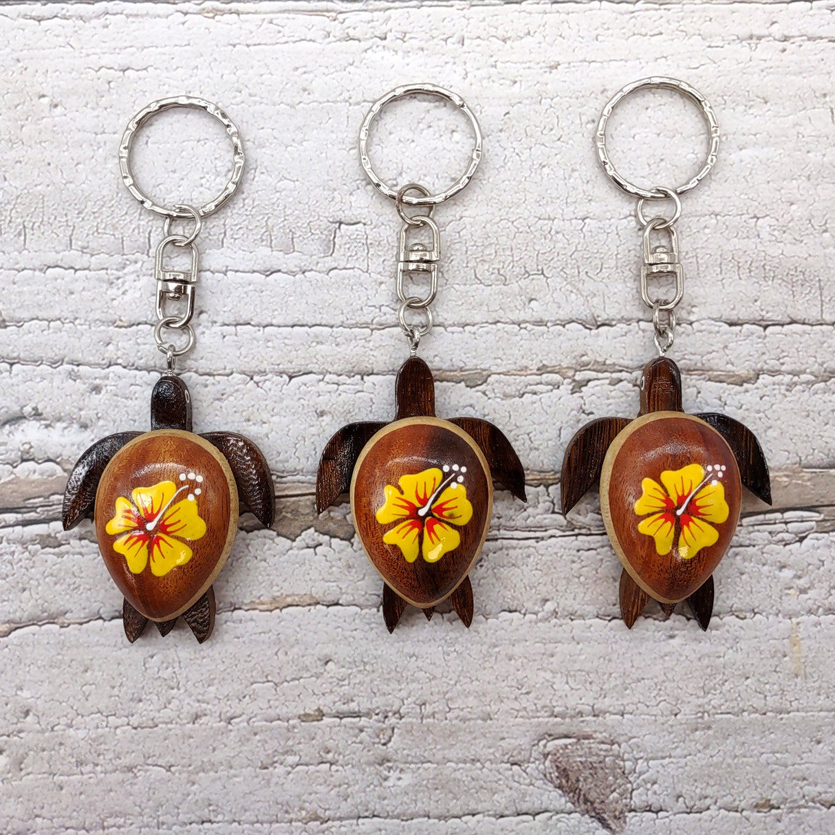 Yellow Hibiscus Painted Wooden Sea Turtle Keychain (1 key fob approx. 4.25+ inches) Wooden Sea Turtle Keychain for gifting or party favors!