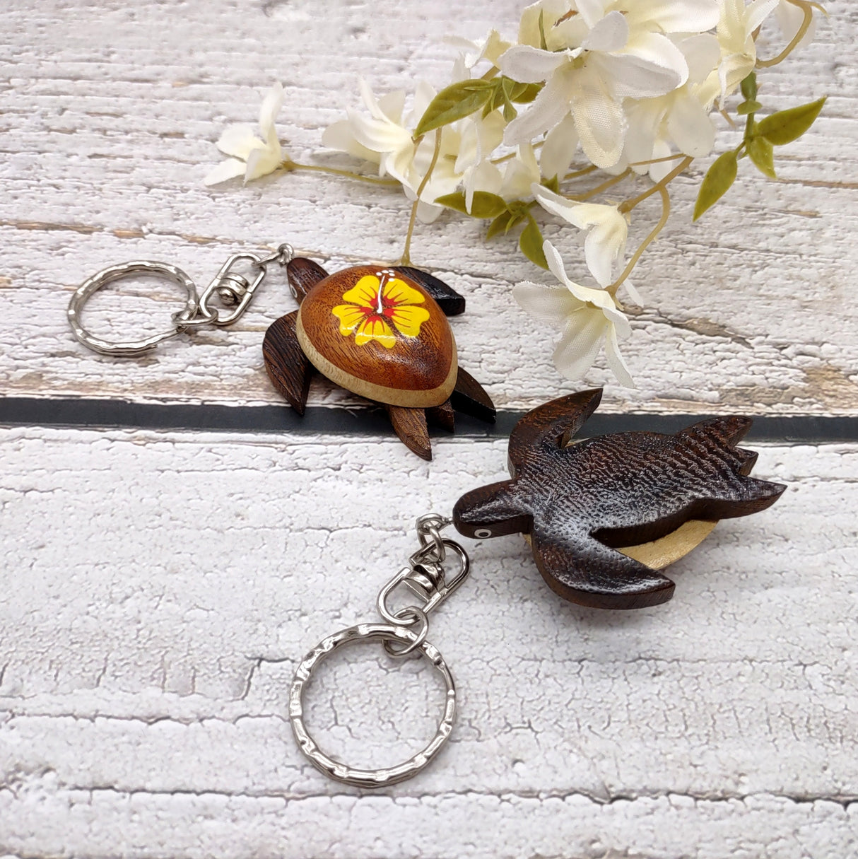 Yellow Hibiscus Painted Wooden Sea Turtle Keychain (1 key fob approx. 4.25+ inches) Wooden Sea Turtle Keychain for gifting or party favors!