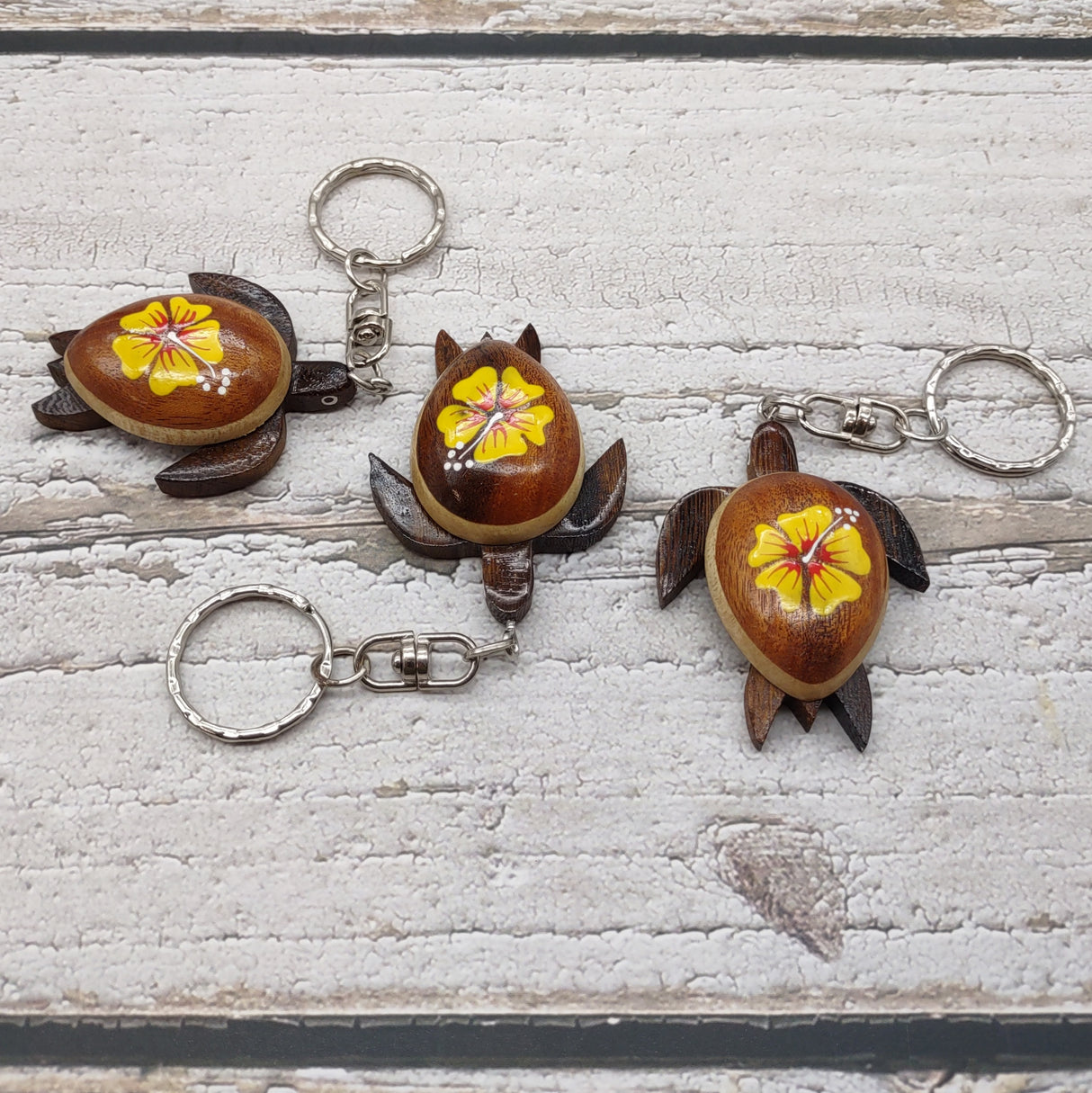 Yellow Hibiscus Painted Wooden Sea Turtle Keychain (1 key fob approx. 4.25+ inches) Wooden Sea Turtle Keychain for gifting or party favors!