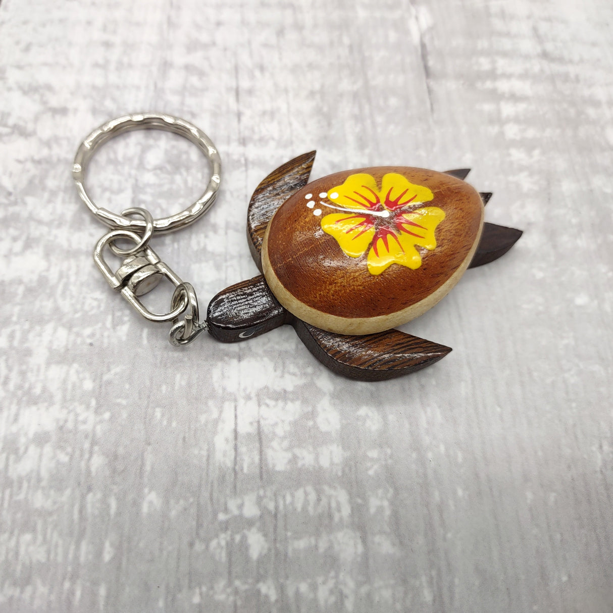 Yellow Hibiscus Painted Wooden Sea Turtle Keychain (1 key fob approx. 4.25+ inches) Wooden Sea Turtle Keychain for gifting or party favors!