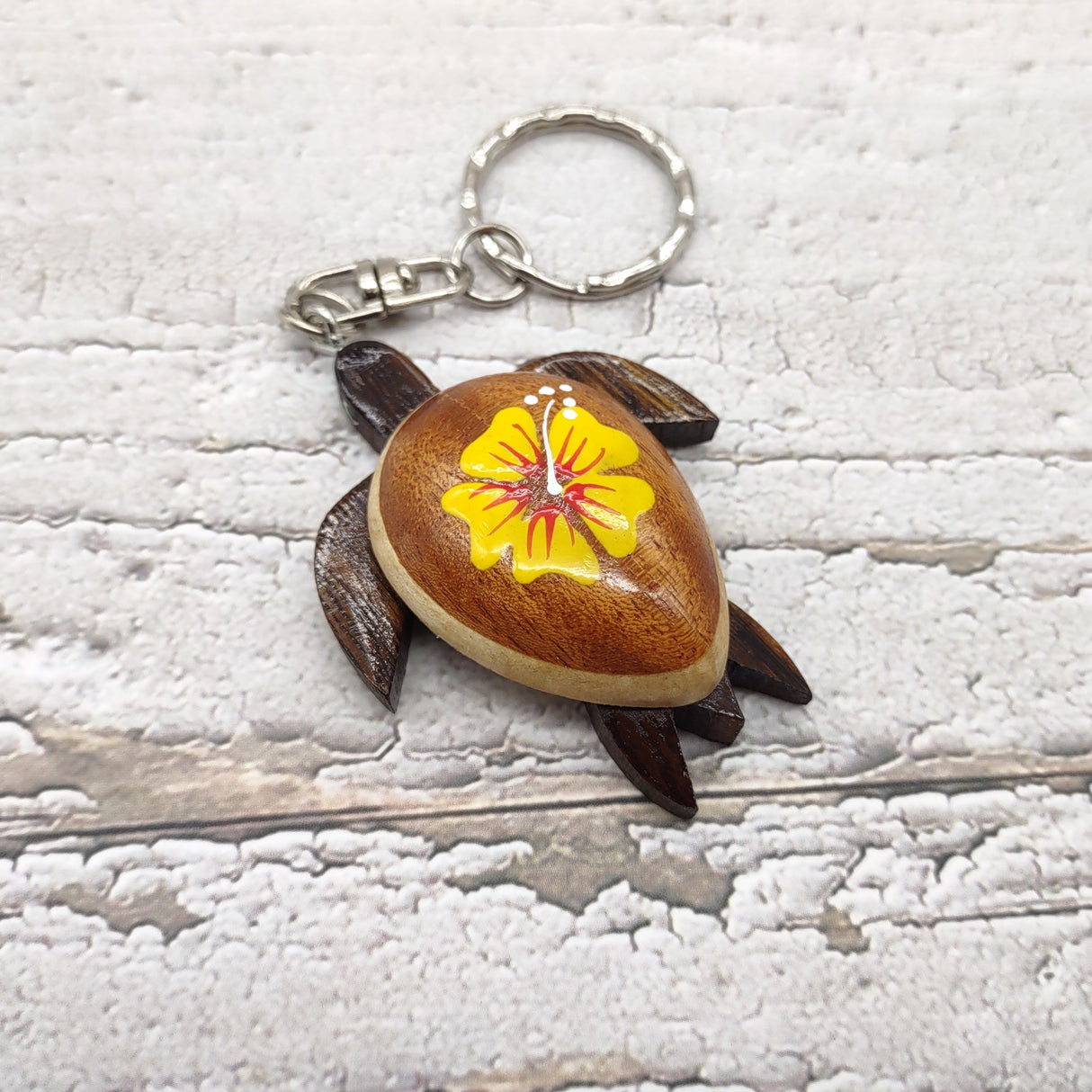 Yellow Hibiscus Painted Wooden Sea Turtle Keychain (1 key fob approx. 4.25+ inches) Wooden Sea Turtle Keychain for gifting or party favors!