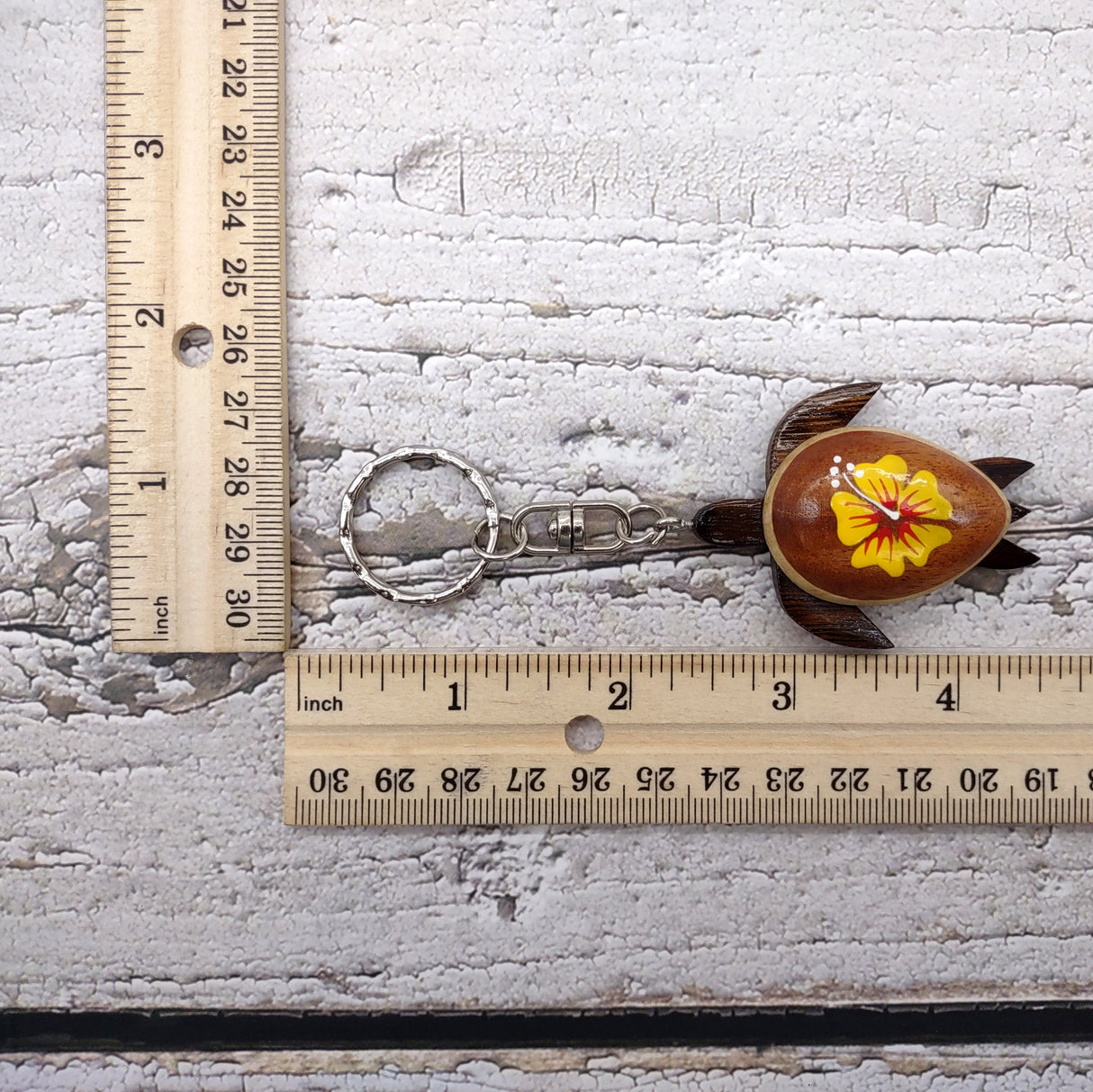 Yellow Hibiscus Painted Wooden Sea Turtle Keychain (1 key fob approx. 4.25+ inches) Wooden Sea Turtle Keychain for gifting or party favors!