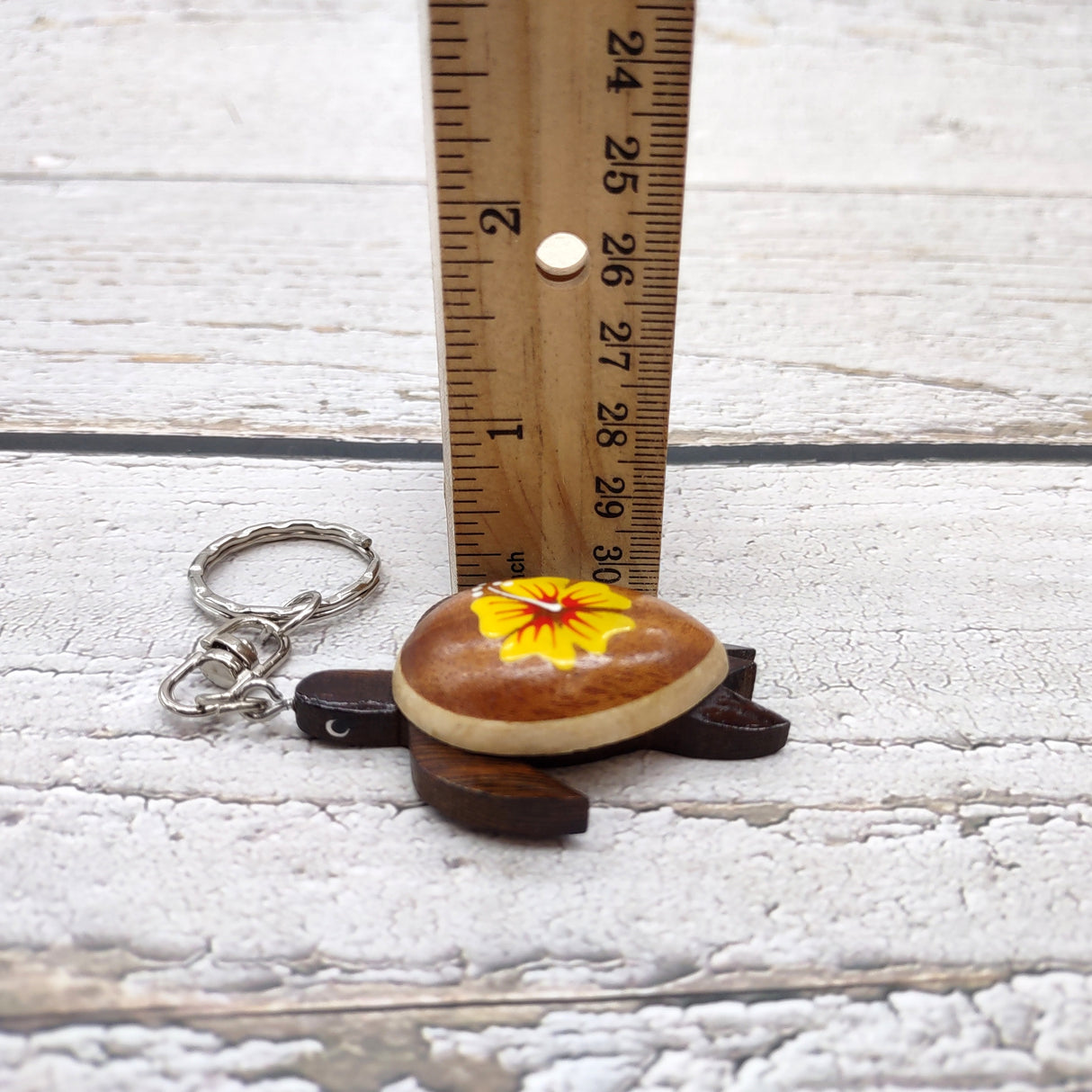 Yellow Hibiscus Painted Wooden Sea Turtle Keychain (1 key fob approx. 4.25+ inches) Wooden Sea Turtle Keychain for gifting or party favors!