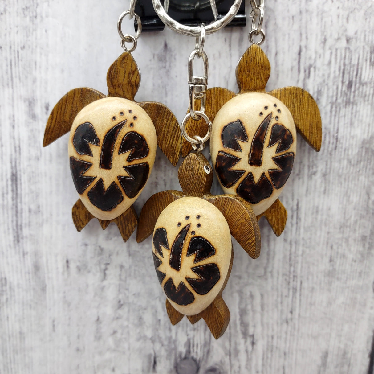 Natural Wood Hibiscus Sea Turtle Keychain (1 keychain approx. 4+ inches) Wooden Pattern Sea Turtle Key Fob for gifting or decorative charm!