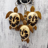 Natural Wood Hibiscus Sea Turtle Keychain (1 keychain approx. 4+ inches) Wooden Pattern Sea Turtle Key Fob for gifting or decorative charm!