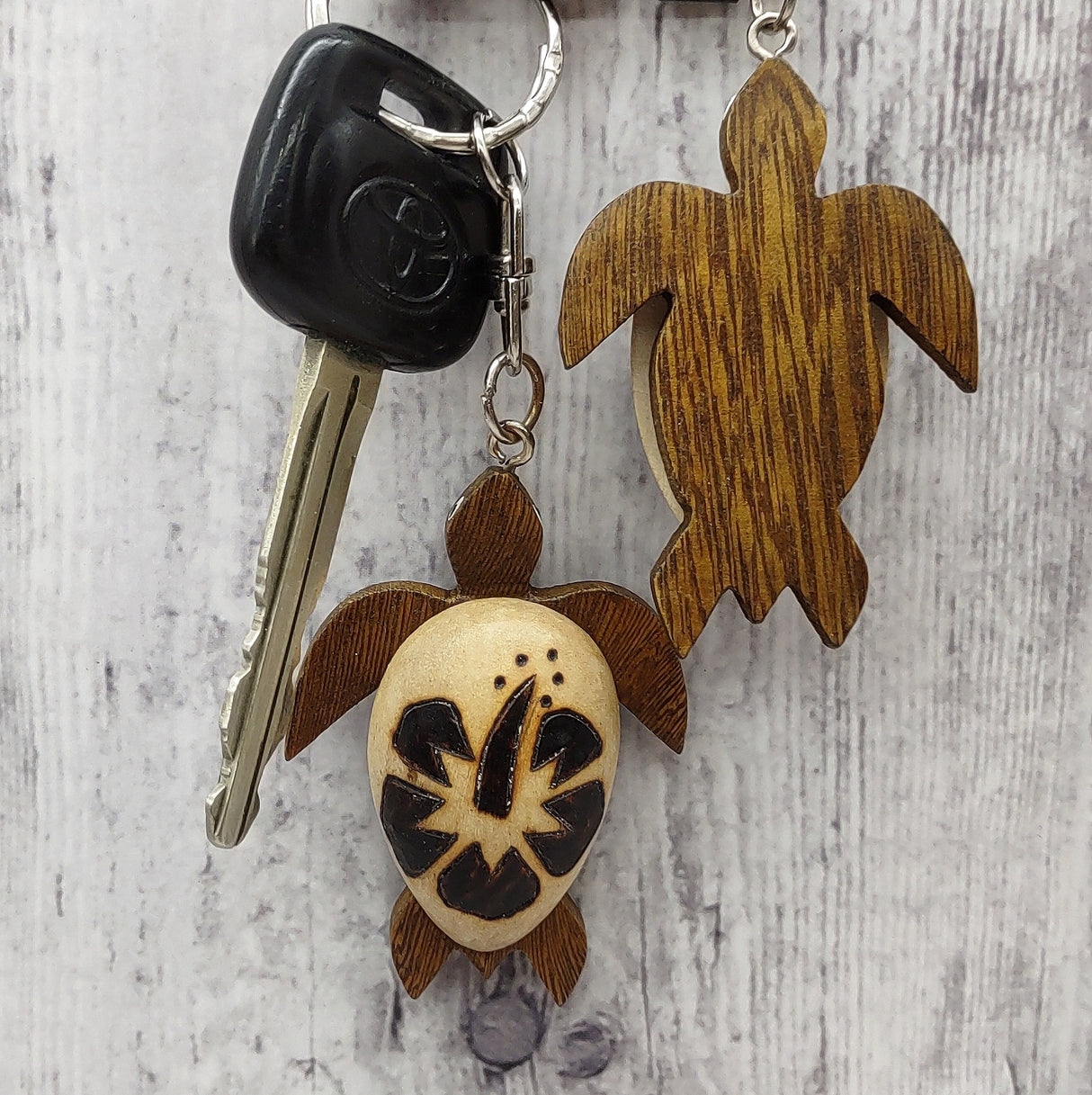 Natural Wood Hibiscus Sea Turtle Keychain (1 keychain approx. 4+ inches) Wooden Pattern Sea Turtle Key Fob for gifting or decorative charm!