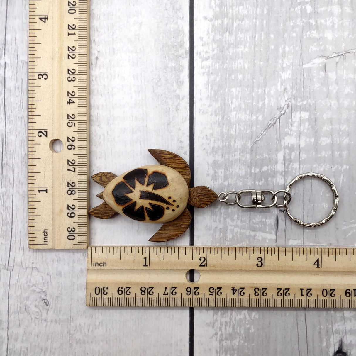 Natural Wood Hibiscus Sea Turtle Keychain (1 keychain approx. 4+ inches) Wooden Pattern Sea Turtle Key Fob for gifting or decorative charm!