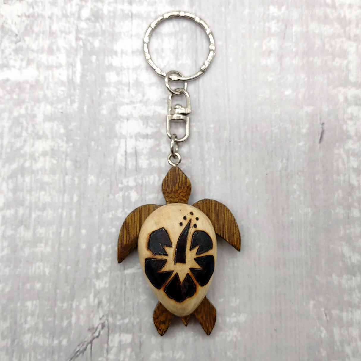 Natural Wood Hibiscus Sea Turtle Keychain (1 keychain approx. 4+ inches) Wooden Pattern Sea Turtle Key Fob for gifting or decorative charm!