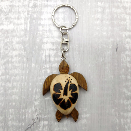 Natural Wood Hibiscus Sea Turtle Keychain (1 keychain approx. 4+ inches) Wooden Pattern Sea Turtle Key Fob for gifting or decorative charm!