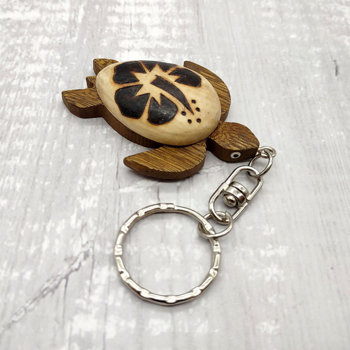 Natural Wood Hibiscus Sea Turtle Keychain (1 keychain approx. 4+ inches) Wooden Pattern Sea Turtle Key Fob for gifting or decorative charm!