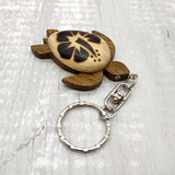 Natural Wood Hibiscus Sea Turtle Keychain (1 keychain approx. 4+ inches) Wooden Pattern Sea Turtle Key Fob for gifting or decorative charm!