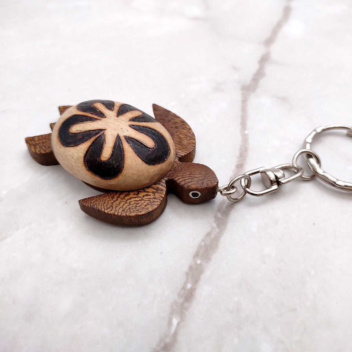 Natural Wood Plumeria Sea Turtle Keychain (1 key chain approx. 4+ inches) Wooden Pattern Sea Turtle Key Fob for gifting or decorative charm!