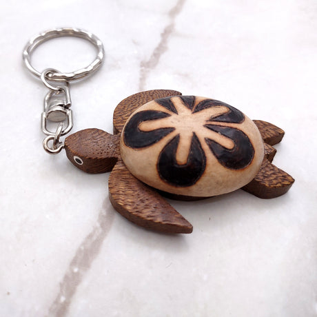 Natural Wood Plumeria Sea Turtle Keychain (1 key chain approx. 4+ inches) Wooden Pattern Sea Turtle Key Fob for gifting or decorative charm!