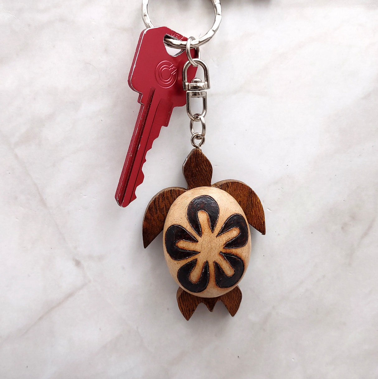 Natural Wood Plumeria Sea Turtle Keychain (1 key chain approx. 4+ inches) Wooden Pattern Sea Turtle Key Fob for gifting or decorative charm!