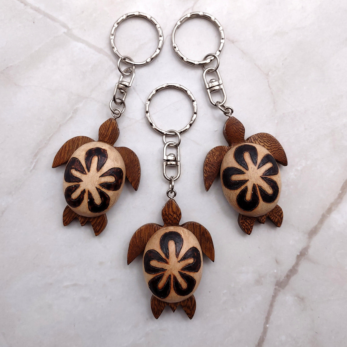 Natural Wood Plumeria Sea Turtle Keychain (1 key chain approx. 4+ inches) Wooden Pattern Sea Turtle Key Fob for gifting or decorative charm!