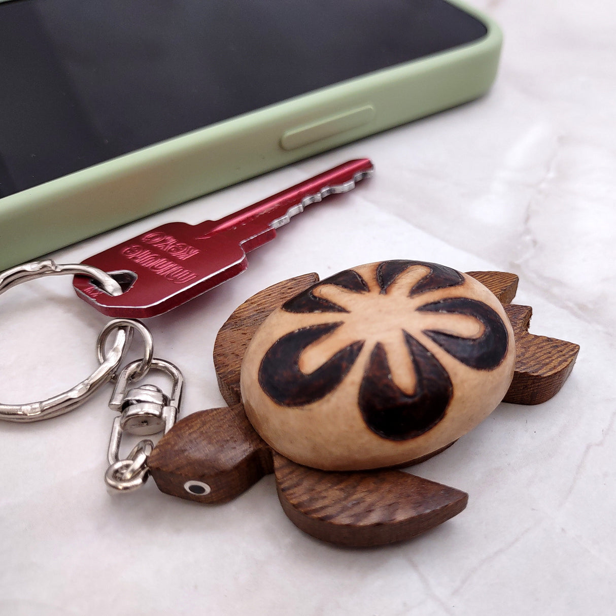 Natural Wood Plumeria Sea Turtle Keychain (1 key chain approx. 4+ inches) Wooden Pattern Sea Turtle Key Fob for gifting or decorative charm!