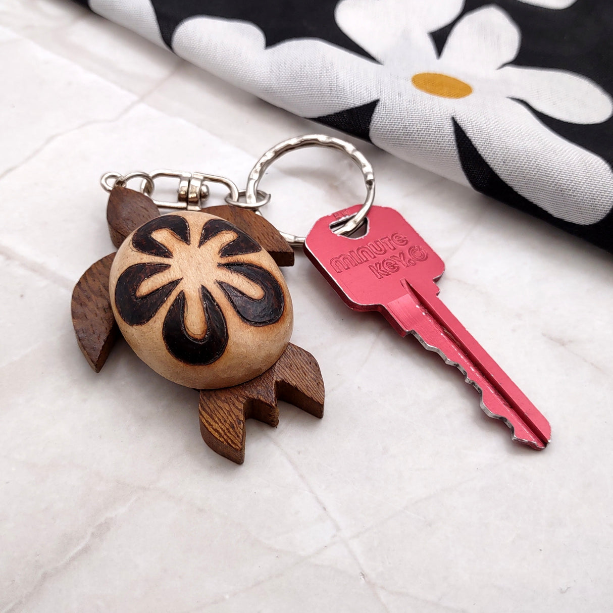 Natural Wood Plumeria Sea Turtle Keychain (1 key chain approx. 4+ inches) Wooden Pattern Sea Turtle Key Fob for gifting or decorative charm!