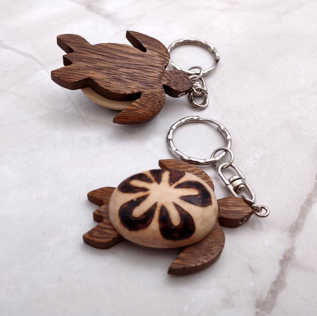 Natural Wood Plumeria Sea Turtle Keychain (1 key chain approx. 4+ inches) Wooden Pattern Sea Turtle Key Fob for gifting or decorative charm!