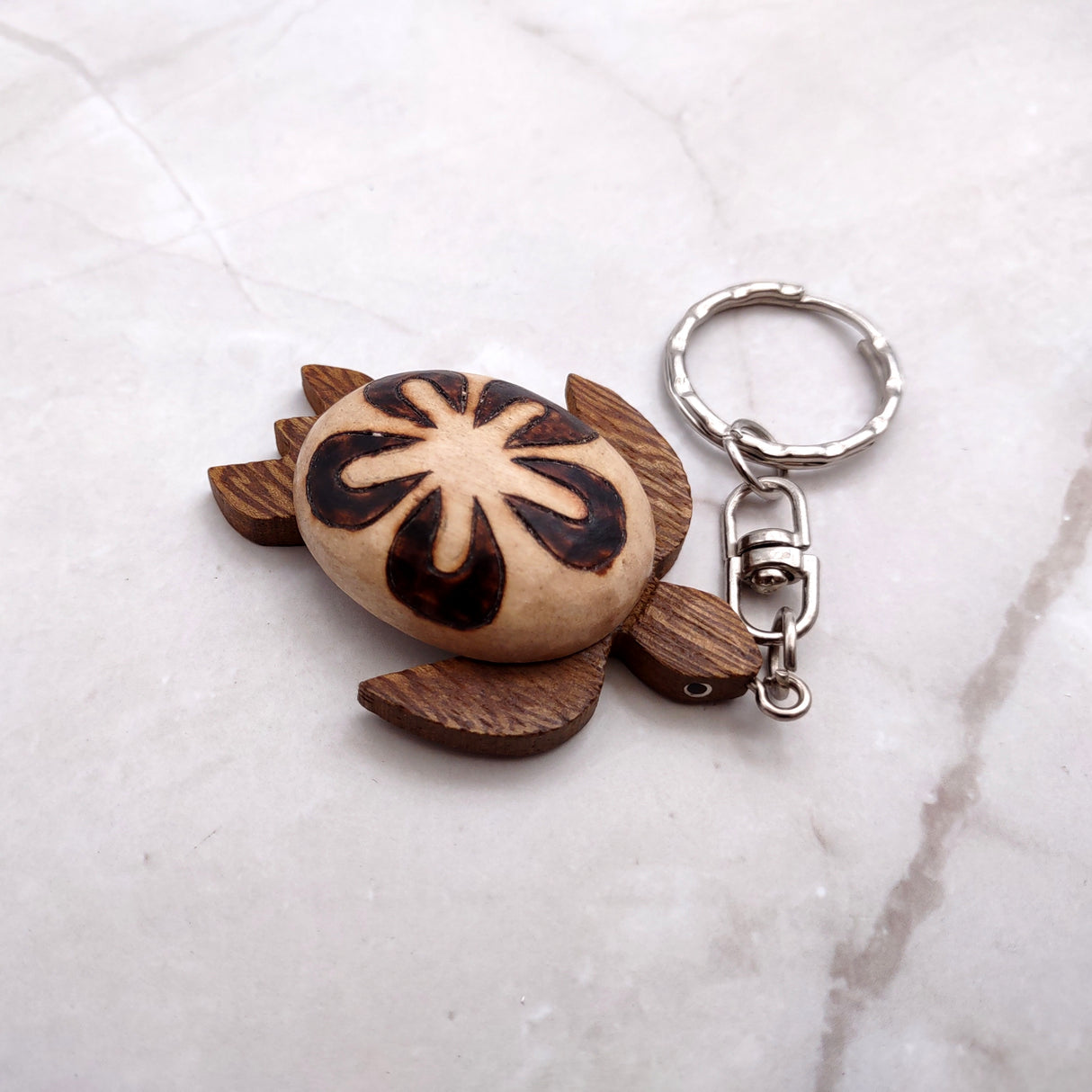 Natural Wood Plumeria Sea Turtle Keychain (1 key chain approx. 4+ inches) Wooden Pattern Sea Turtle Key Fob for gifting or decorative charm!