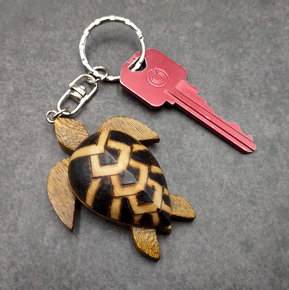 Natural Wood PIneapple Sea Turtle Keychain (1 key chain approx. 4+ inches) Wooden Pattern Sea Turtle Key Fob for gifts or decorative charm!