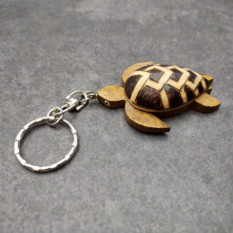 Natural Wood PIneapple Sea Turtle Keychain (1 key chain approx. 4+ inches) Wooden Pattern Sea Turtle Key Fob for gifts or decorative charm!
