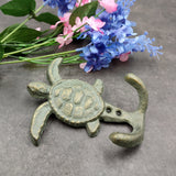 Cast Iron Sea Turtle Wall Hooks Green Gold Patina (1 metal hook approx. 4.75+ inches) Green Sea Turtle Double Wall Hook for coastal decor!