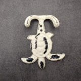 Cast Iron Sea Turtle Wall Hooks White Distressed (1 metal hook approx. 4.75+ inches) White Sea Turtle Double Wall Hook for coastal decor!