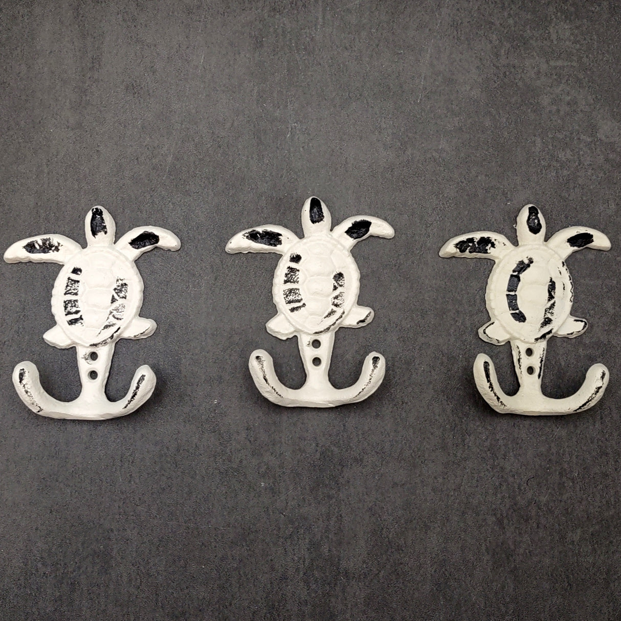 Cast Iron Sea Turtle Wall Hooks White Distressed (1 metal hook approx. 4.75+ inches) White Sea Turtle Double Wall Hook for coastal decor!