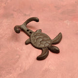 Cast Iron Sea Turtle Wall Hooks Brown Patina (1 metal hook approx. 4.75+ inches) Brown Sea Turtle Double Wall Hook for coastal decor!