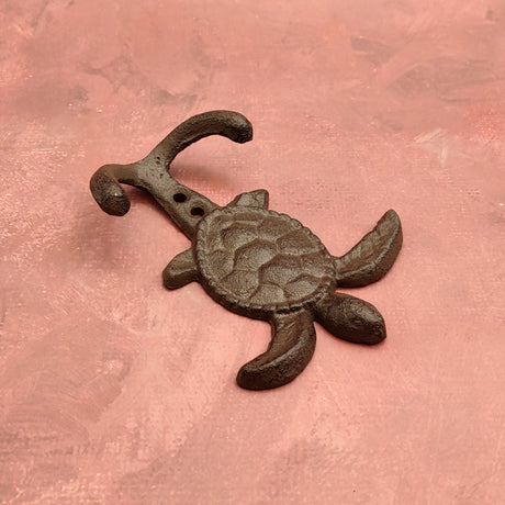 Cast Iron Sea Turtle Wall Hooks Brown Patina (1 metal hook approx. 4.75+ inches) Brown Sea Turtle Double Wall Hook for coastal decor!