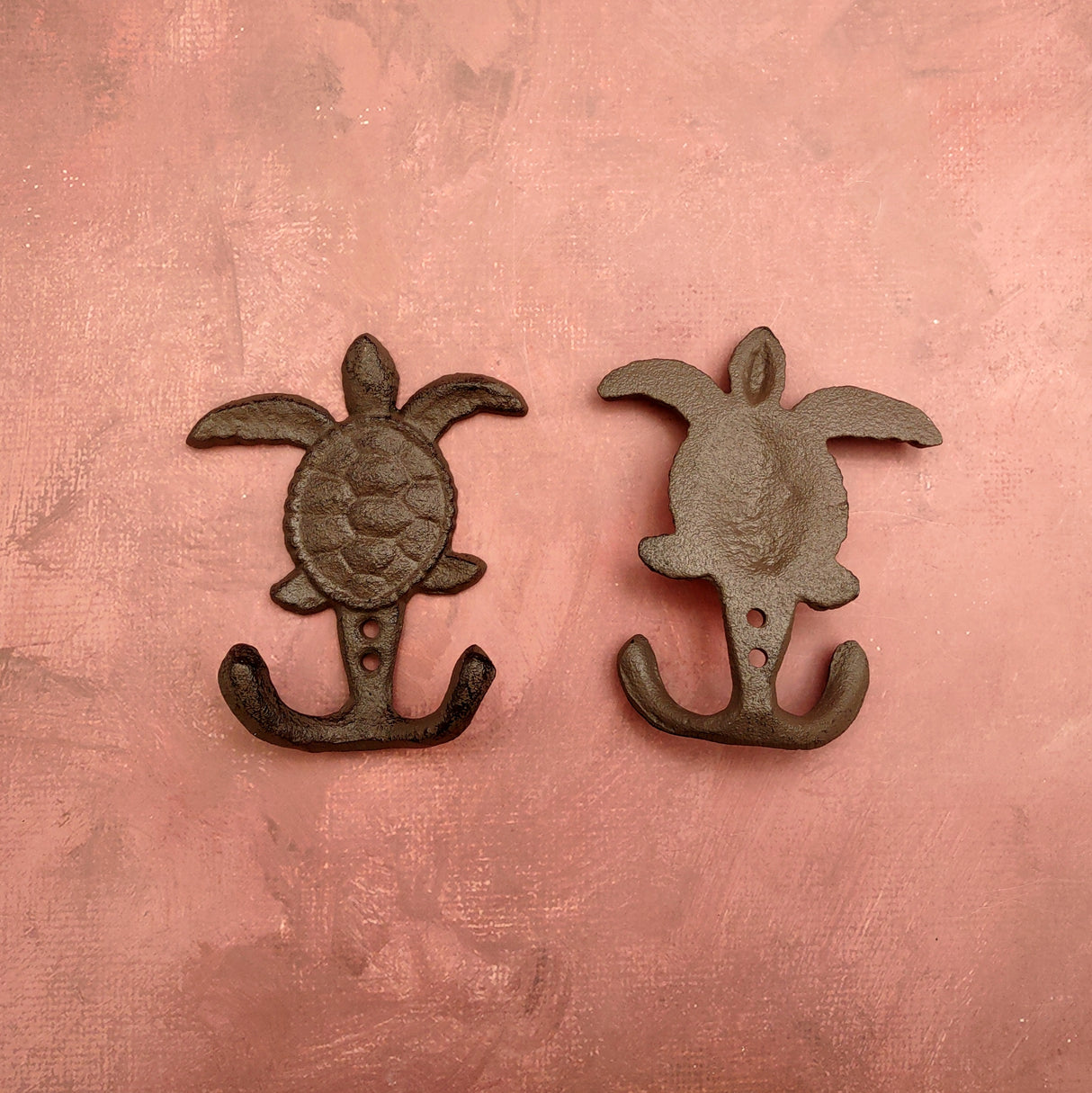 Cast Iron Sea Turtle Wall Hooks Brown Patina (1 metal hook approx. 4.75+ inches) Brown Sea Turtle Double Wall Hook for coastal decor!
