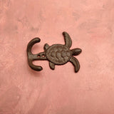 Cast Iron Sea Turtle Wall Hooks Brown Patina (1 metal hook approx. 4.75+ inches) Brown Sea Turtle Double Wall Hook for coastal decor!