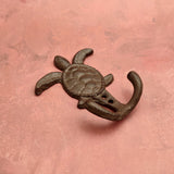 Cast Iron Sea Turtle Wall Hooks Brown Patina (1 metal hook approx. 4.75+ inches) Brown Sea Turtle Double Wall Hook for coastal decor!