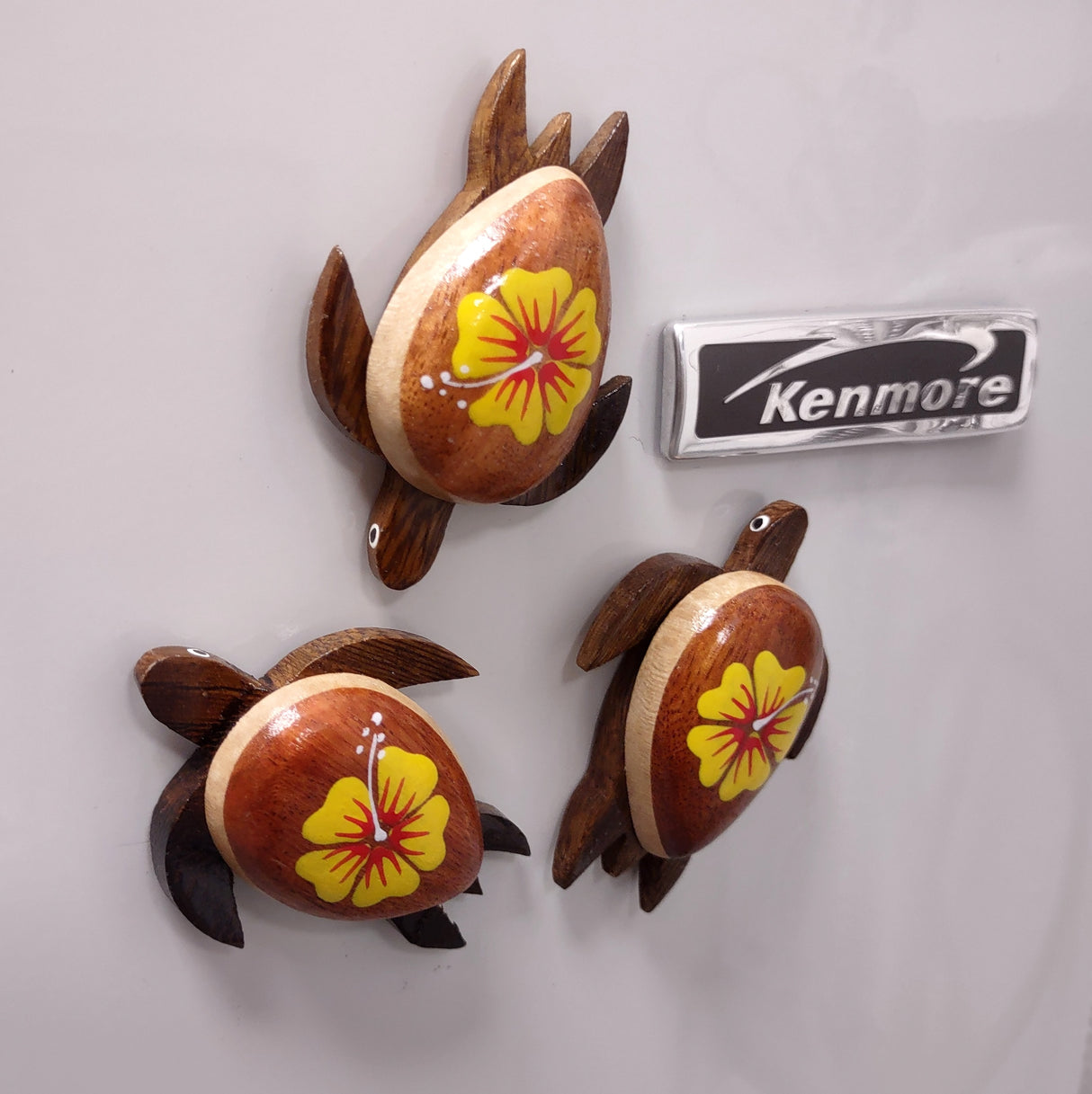 Wooden Sea Turtle Magnet Yellow Hibiscus Flower (1 magnet approx. 2+ inches) Wood Sea Turtle Magnet gift for fridges cabinets doors!