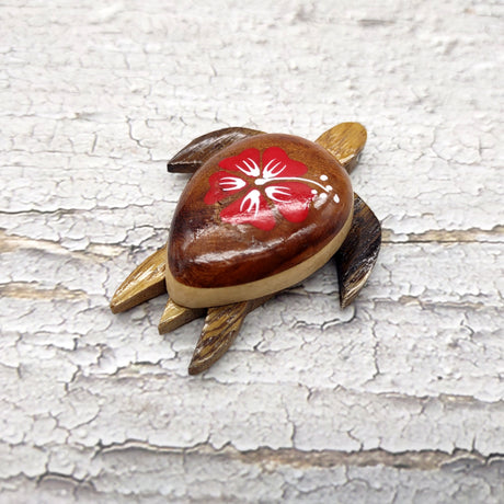 Wooden Sea Turtle Magnet Red Hibiscus Flower (1 magnet approx. 2+ inches) Wood Sea Turtle Magnet gift for fridges cabinets doors!