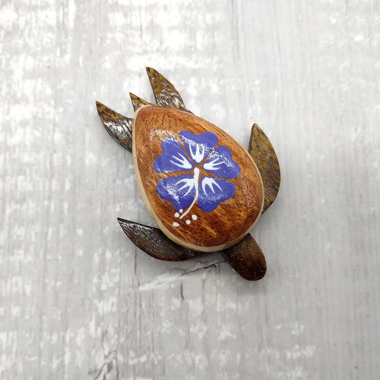 Wooden Sea Turtle Magnet Purple Hibiscus Flower (1 magnet approx. 2+ inches) Wood Sea Turtle Magnet gift for fridges cabinets doors!