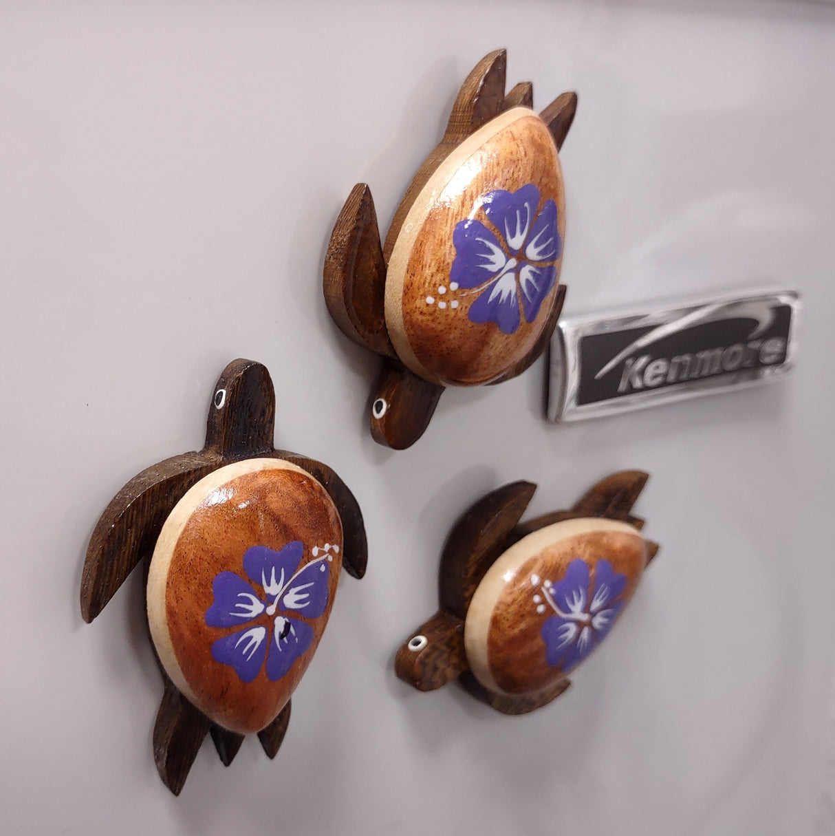 Wooden Sea Turtle Magnet Purple Hibiscus Flower (1 magnet approx. 2+ inches) Wood Sea Turtle Magnet gift for fridges cabinets doors!