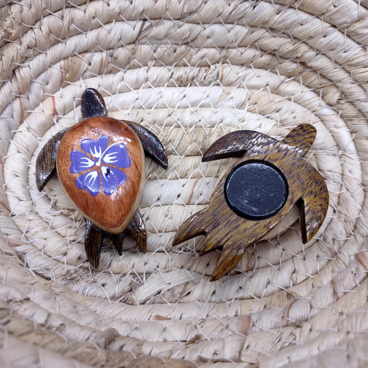 Wooden Sea Turtle Magnet Purple Hibiscus Flower (1 magnet approx. 2+ inches) Wood Sea Turtle Magnet gift for fridges cabinets doors!