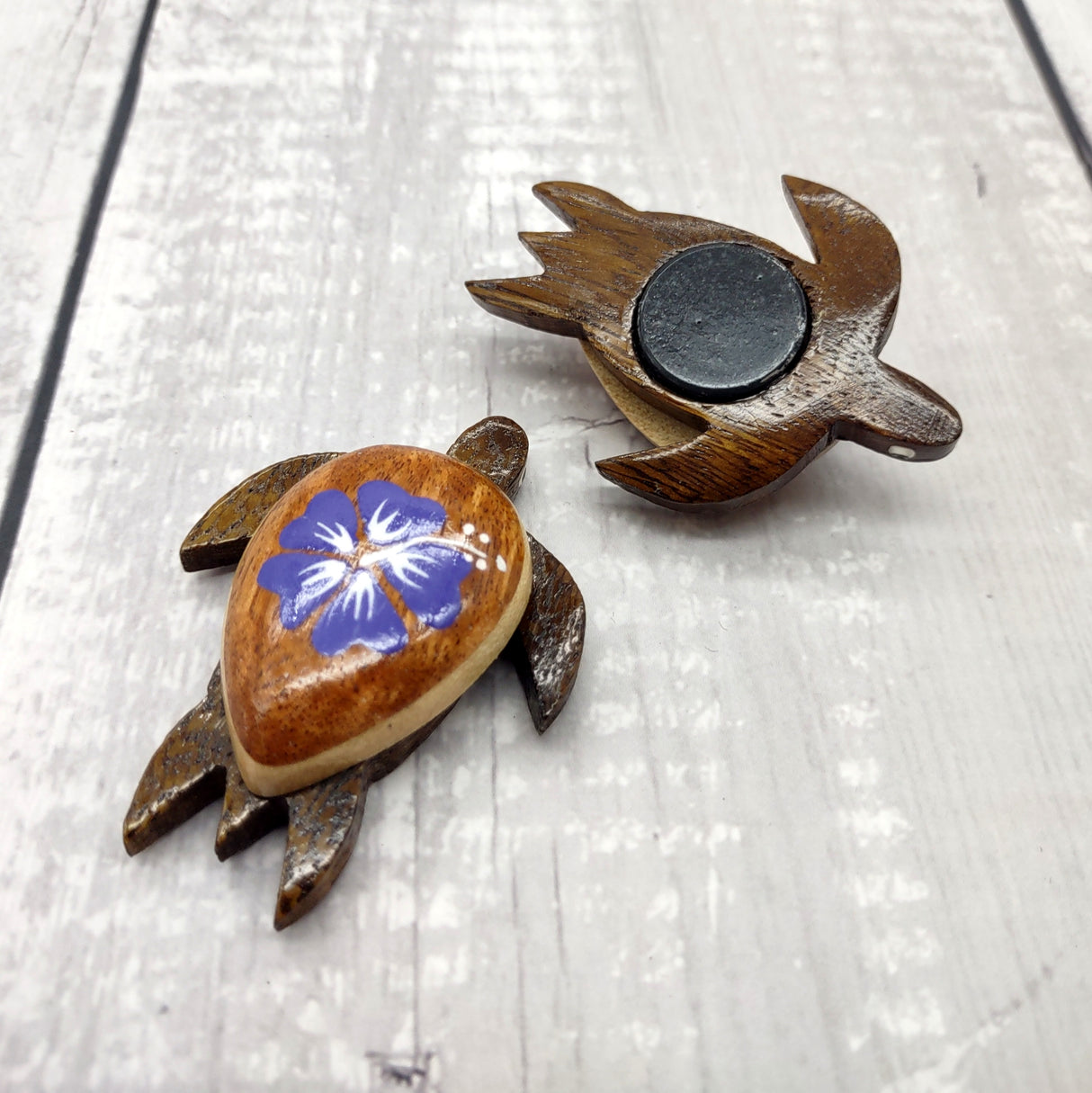 Wooden Sea Turtle Magnet Purple Hibiscus Flower (1 magnet approx. 2+ inches) Wood Sea Turtle Magnet gift for fridges cabinets doors!