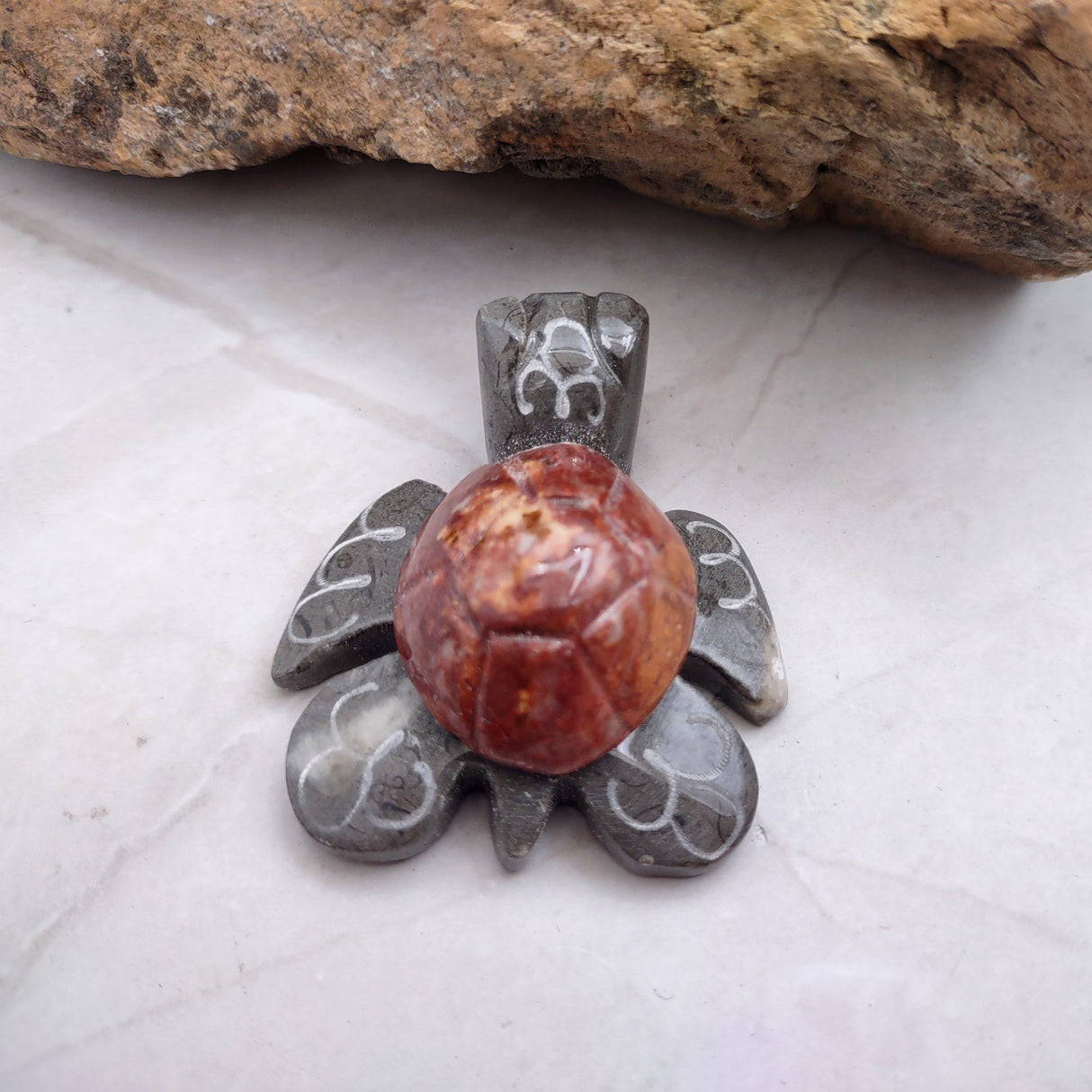 Natural Marble Stone Grey Sea Turtles (set of 2 stone figure approx. 2+ inches) Carved Marble Turtle Figurines for coastal home shelf decor!