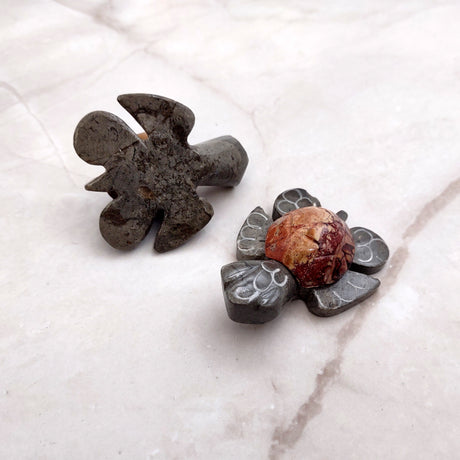 Natural Marble Stone Grey Sea Turtles (set of 2 stone figure approx. 2+ inches) Carved Marble Turtle Figurines for coastal home shelf decor!